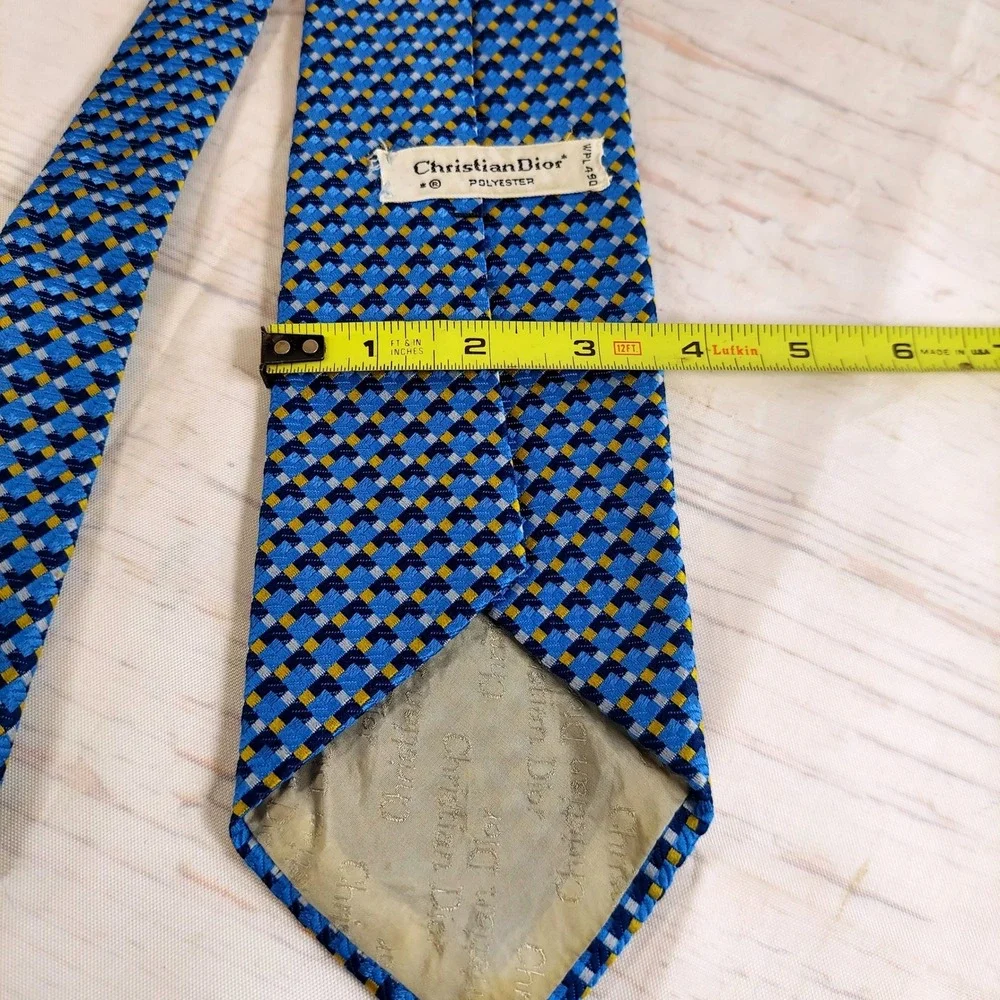 Christian Dior Mens Tie Vintage‎ Geometric Pattern Necktie Blue Yellow